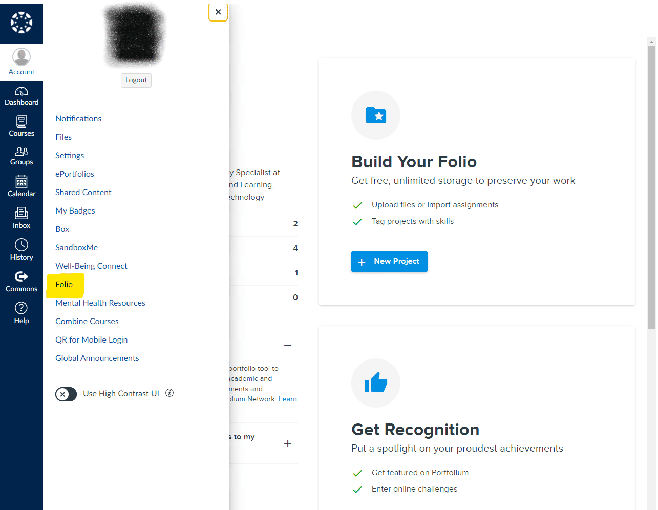 screenshot of accessing Folio via canvas